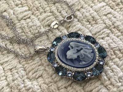 Vintage Blue Agate praying Angel Cameo on Double 925 Chain ReverseEngraving