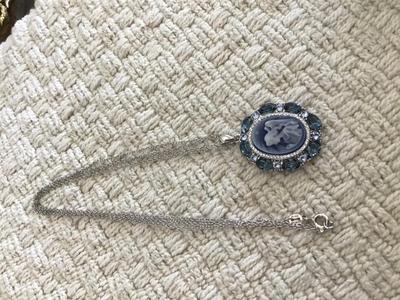 Vintage Blue Agate praying Angel Cameo on Double 925 Chain ReverseEngraving