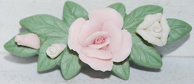 Polymer PINK ROSE BROOCH (2¼" x 1") with Green Leaves Accent & Silver Tone Pin