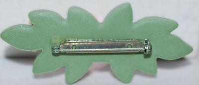 Polymer PINK ROSE BROOCH (2¼" x 1") with Green Leaves Accent & Silver Tone Pin