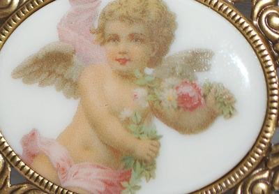 Porcelain-Style Oval CHERUB BROOCH (2" x 1¾") on a Brass-Colored Setting