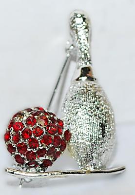 RED Bejeweled BOWLING BALL & PIN BROOCH (1½" x 1") on a Silver Tone Setting