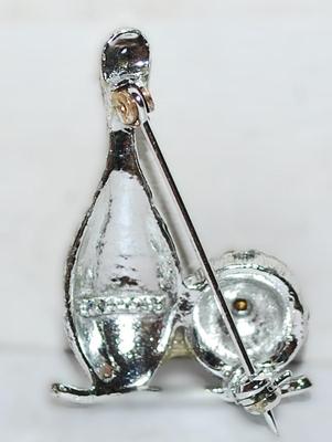 RED Bejeweled BOWLING BALL & PIN BROOCH (1½" x 1") on a Silver Tone Setting