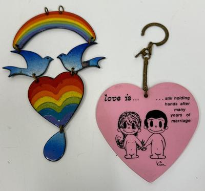 2 Retro 1970's Dangler & Keychain Rainbow Hearts & "Love is" art
