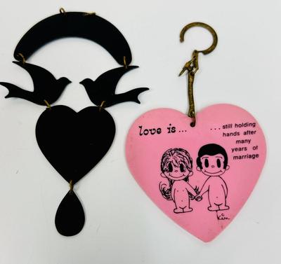 2 Retro 1970's Dangler & Keychain Rainbow Hearts & "Love is" art