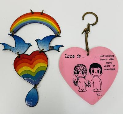 2 Retro 1970's Dangler & Keychain Rainbow Hearts & "Love is" art