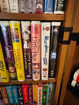 SEVERAL DISNEY MOVIES AND OTHER GREAT FAMILY MOVIES IN A NICE STORAGE CABINET