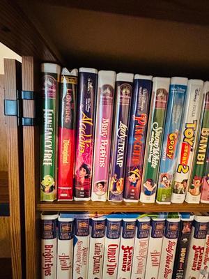 SEVERAL DISNEY MOVIES AND OTHER GREAT FAMILY MOVIES IN A NICE STORAGE CABINET