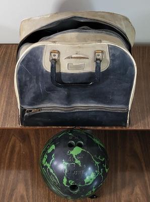 LOT 69K: Black and Neon Green Ace Deluxe Bowling Ball with Black and Tan Bowling Ball Bag