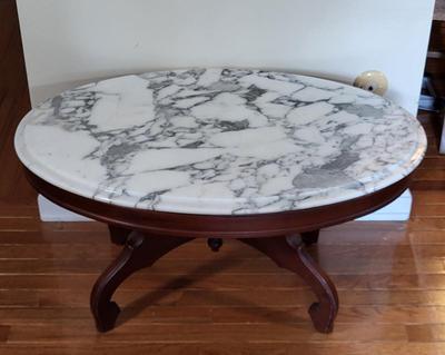 LOT 73F: Modern Oval Marble Top Coffee Table with Carved Wooden Base