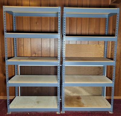 LOT 77B: Pair of Tall Metal Bracket and Plywood Shelf Storage Racks
