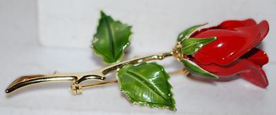 Bright RED Long Stem ROSE BROOCH (3" x 1¾") with Green Leaves and Gold Colored Stem & Gold Tone Setting