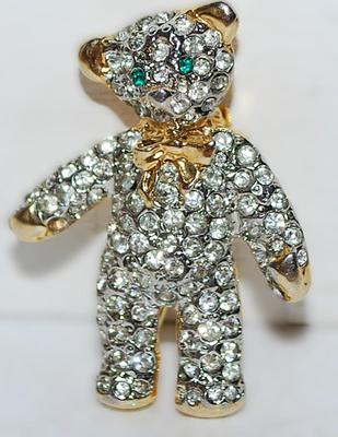 GREEN-EYED Bejeweled BEAR BROOCH (1½" x 1") with Bowtie on a Gold Tone Setting