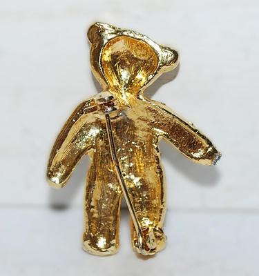 GREEN-EYED Bejeweled BEAR BROOCH (1½" x 1") with Bowtie on a Gold Tone Setting