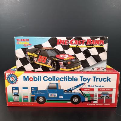 LOT 24: Miniature Hess Trucks, Texaco Havoline Racing Die-cast 1994 Bank, Mobil Collectible Toy Truck & More