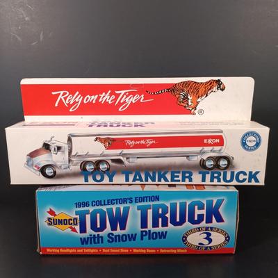 LOT 24: Miniature Hess Trucks, Texaco Havoline Racing Die-cast 1994 Bank, Mobil Collectible Toy Truck & More