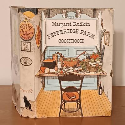 LOT 139: Vintage Side Table with Cookbooks, Anchor Hocking Tartan Pitcher, Queen Mary Candle Holders & More
