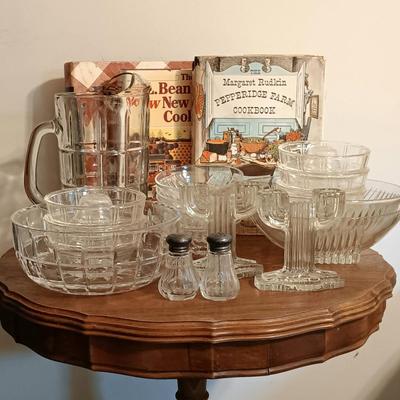 LOT 139: Vintage Side Table with Cookbooks, Anchor Hocking Tartan Pitcher, Queen Mary Candle Holders & More