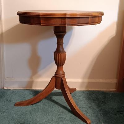 LOT 139: Vintage Side Table with Cookbooks, Anchor Hocking Tartan Pitcher, Queen Mary Candle Holders & More