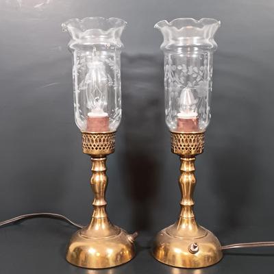 LOT 143: Brass Cricket Box, Westmoreland Floral Milk Glass Plates & Electrified Brass Hurricane Lamps
