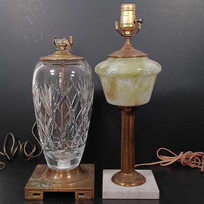 LOT 145: Green Glass Lamp with Marble Base & Crystal and Brass Lamp