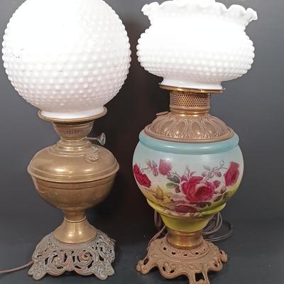 LOT 146: Gone with the Wind Style Electrified Oil Lamps with Milk Glass Shades