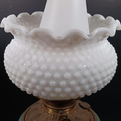 LOT 146: Gone with the Wind Style Electrified Oil Lamps with Milk Glass Shades