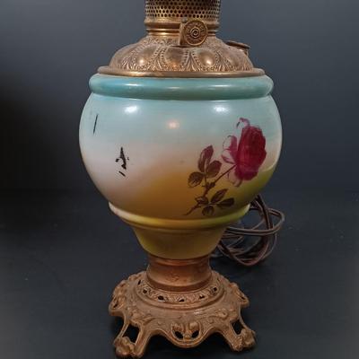 LOT 146: Gone with the Wind Style Electrified Oil Lamps with Milk Glass Shades