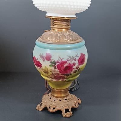 LOT 146: Gone with the Wind Style Electrified Oil Lamps with Milk Glass Shades