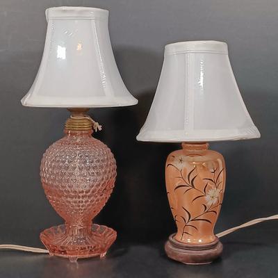 LOT 149: Vintage Lustreware Petite Table Lamp with Pink Hobnail Table Lamp
