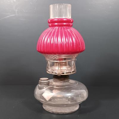 LOT 152: Oil Lamp with Unique Red and Clear Glass Shade & Set of (2) Finger Lamps