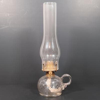 LOT 152: Oil Lamp with Unique Red and Clear Glass Shade & Set of (2) Finger Lamps