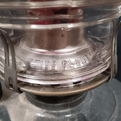 LOT 152: Oil Lamp with Unique Red and Clear Glass Shade & Set of (2) Finger Lamps