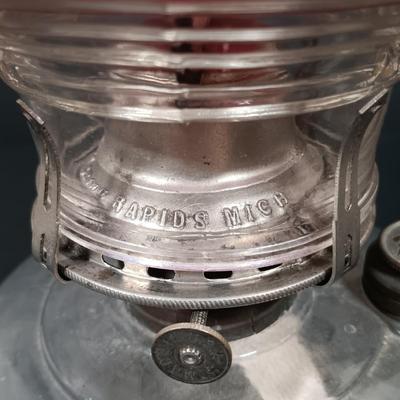 LOT 152: Oil Lamp with Unique Red and Clear Glass Shade & Set of (2) Finger Lamps