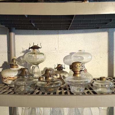 LOT 160: Collection of Vintage Glass Oil Lamps - Handpainted Milk Glass Lamp, Eagle, Waterbury & More
