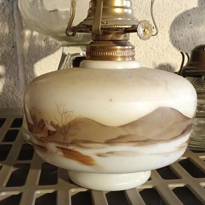 LOT 160: Collection of Vintage Glass Oil Lamps - Handpainted Milk Glass Lamp, Eagle, Waterbury & More