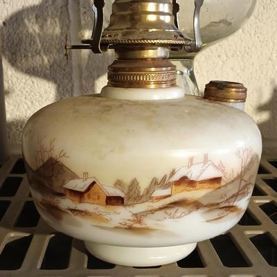LOT 160: Collection of Vintage Glass Oil Lamps - Handpainted Milk Glass Lamp, Eagle, Waterbury & More