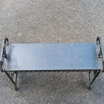 LOT 195: Antique Wrought Iron and Wood Bench with Metal and Wood Upholstered Stool