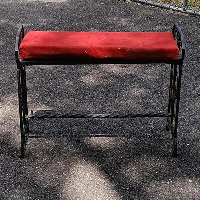 LOT 195: Antique Wrought Iron and Wood Bench with Metal and Wood Upholstered Stool