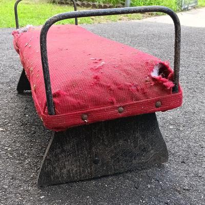 LOT 195: Antique Wrought Iron and Wood Bench with Metal and Wood Upholstered Stool