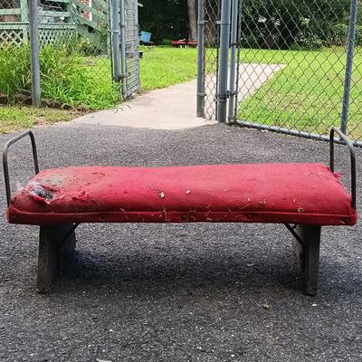 LOT 195: Antique Wrought Iron and Wood Bench with Metal and Wood Upholstered Stool