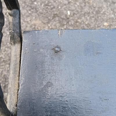 LOT 195: Antique Wrought Iron and Wood Bench with Metal and Wood Upholstered Stool