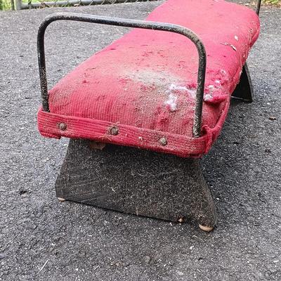LOT 195: Antique Wrought Iron and Wood Bench with Metal and Wood Upholstered Stool