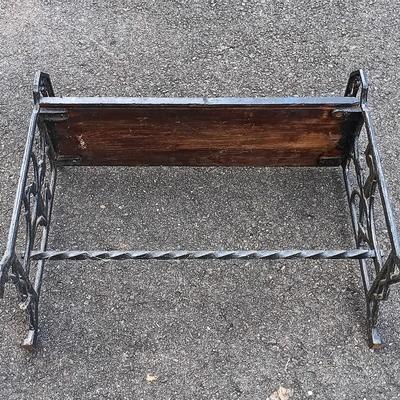 LOT 195: Antique Wrought Iron and Wood Bench with Metal and Wood Upholstered Stool
