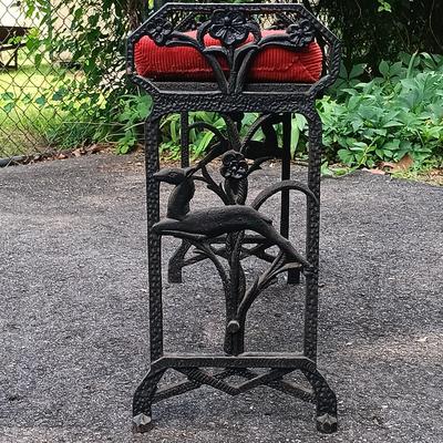 LOT 195: Antique Wrought Iron and Wood Bench with Metal and Wood Upholstered Stool