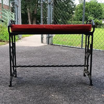 LOT 195: Antique Wrought Iron and Wood Bench with Metal and Wood Upholstered Stool