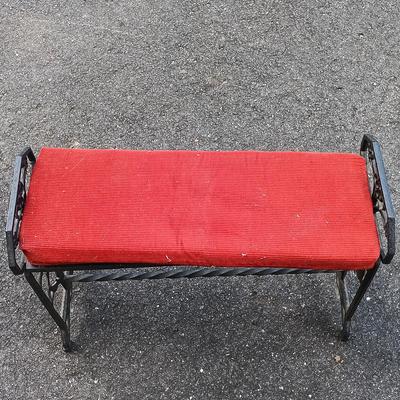 LOT 195: Antique Wrought Iron and Wood Bench with Metal and Wood Upholstered Stool