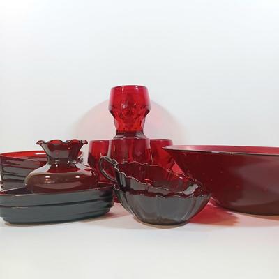 LOT 196: Ruby Red Glass Lazy Susan Inserts, Handled Serving Saucers, Bowl, Vases & Tumblers
