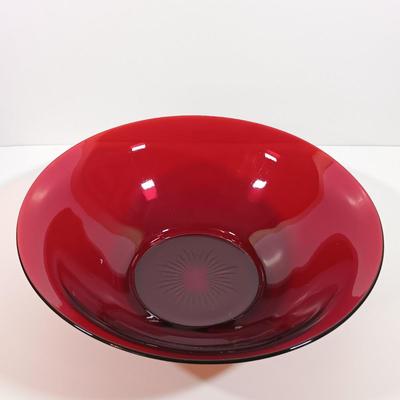 LOT 196: Ruby Red Glass Lazy Susan Inserts, Handled Serving Saucers, Bowl, Vases & Tumblers