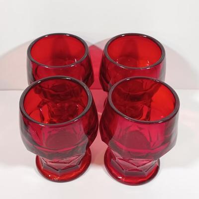 LOT 196: Ruby Red Glass Lazy Susan Inserts, Handled Serving Saucers, Bowl, Vases & Tumblers